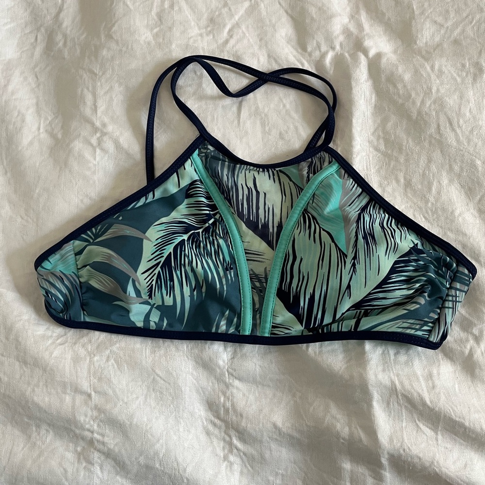 SO: High Neck Halter Bikini Top with Ties Aqua and Navy Leaf Pattern